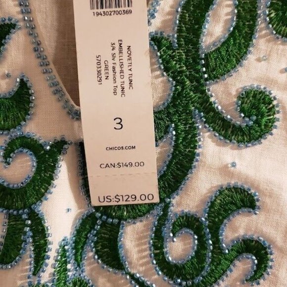 Chico’s Womens embellished tunic green Linen Blend Beaded Blouse Top - Picture 2 of 5